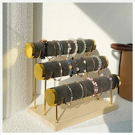 Porte Bijoux pour Bracelets et Montres à 3 Niveaux avec Plateau en Bois