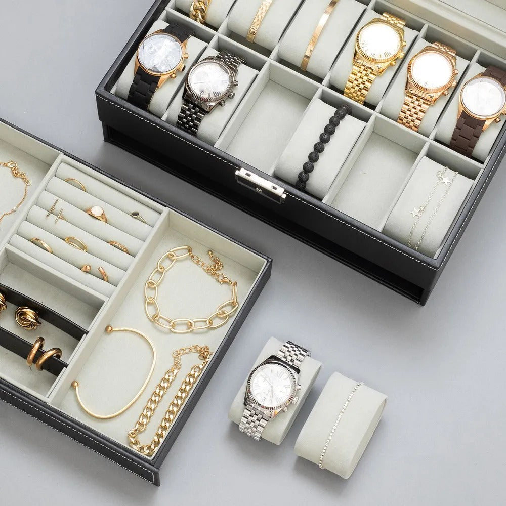 Coffret Montres et Bijoux en Cuir Noir - Luxe et Praticité pour Tous au Maroc