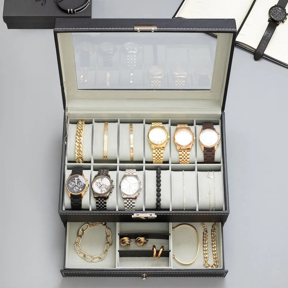 Coffret Montres et Bijoux en Cuir Noir - Luxe et Praticité pour Tous au Maroc