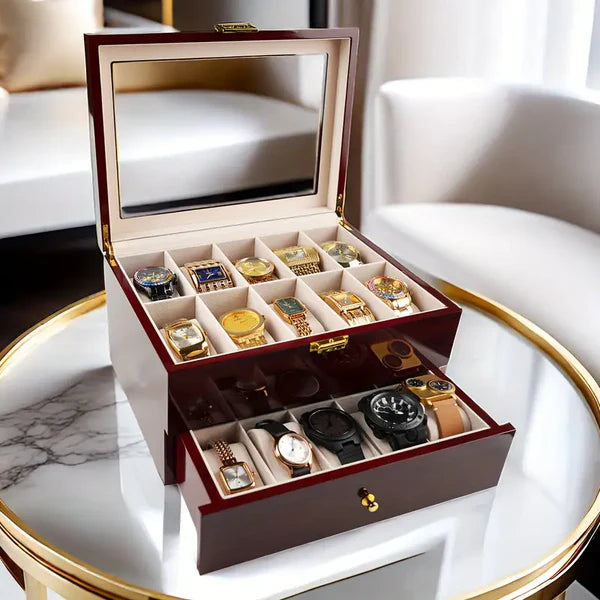 Coffret élégant en bois avec couvercle en verre pour montres et lunettes