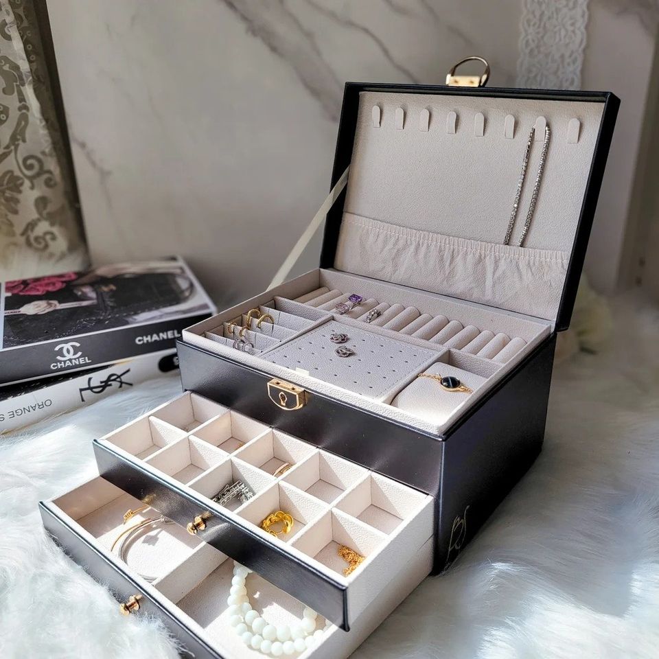 Boîte à bijoux en cuir avec tiroirs - Grand organisateur élégant pour femme