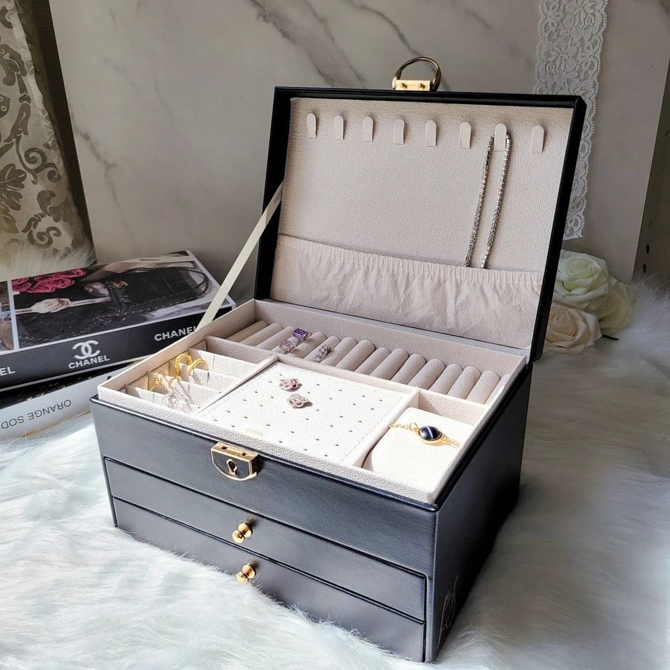 Boîte à bijoux en cuir avec tiroirs - Grand organisateur élégant pour femme