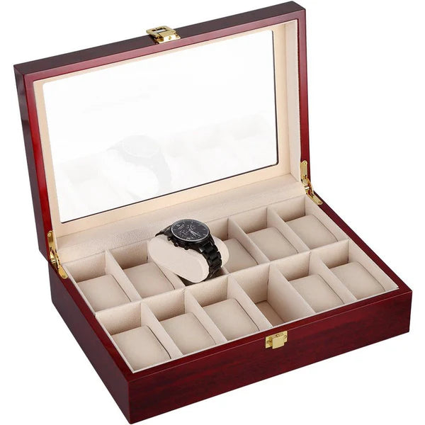 Coffret élégant en bois avec couvercle en verre pour montres et lunettes