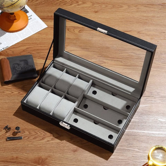 Coffret Montres et Lunettes en Cuir Noir - Luxe et Rangement au Maroc