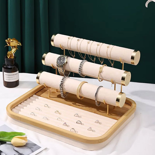 Présentoir à Bijoux 3 Niveaux en Bambou et Velours – Maroc