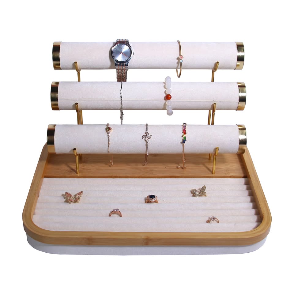 Présentoir à Bijoux 3 Niveaux en Bambou et Velours – Maroc