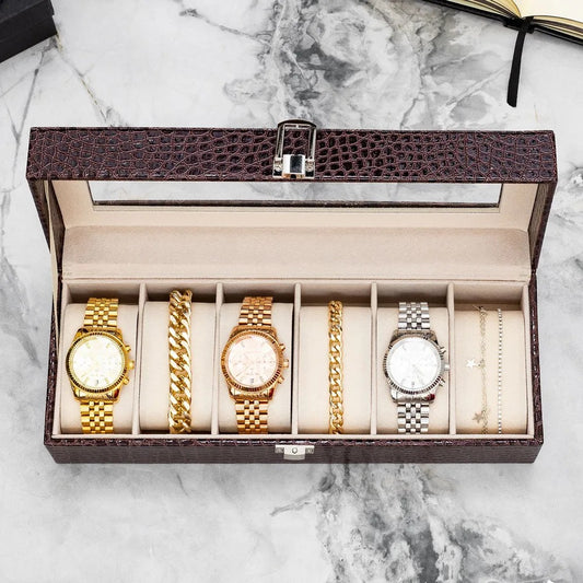 Boîte à Montres en Crocodile Marron - 6 Emplacements