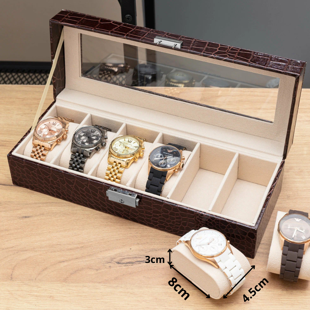 Boîte à Montres Luxe en Cuir Crocodile Marron - 6 Emplacements au Maroc