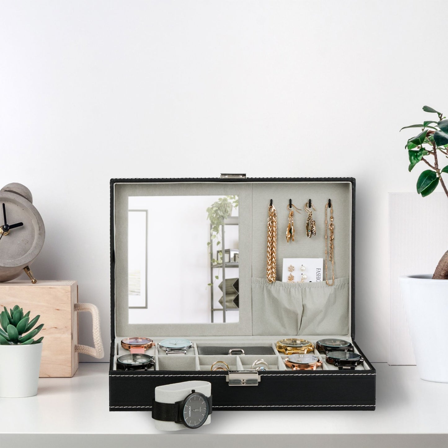 Boîte à Bijoux en Cuir pour Montres avec Serrure et Miroir