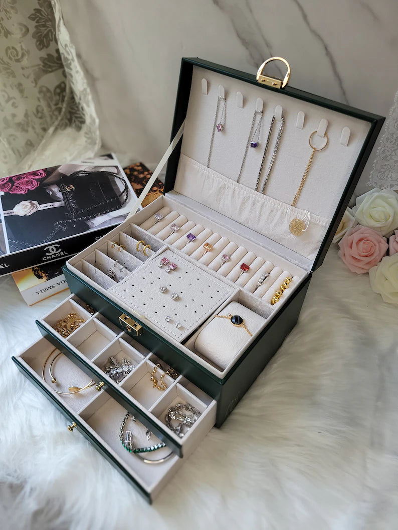 Boîte à bijoux en cuir avec tiroirs - Grand organisateur élégant pour femme