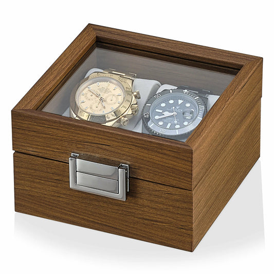 Boîte de rangement en bois pour 2 montres avec couvercle en verre