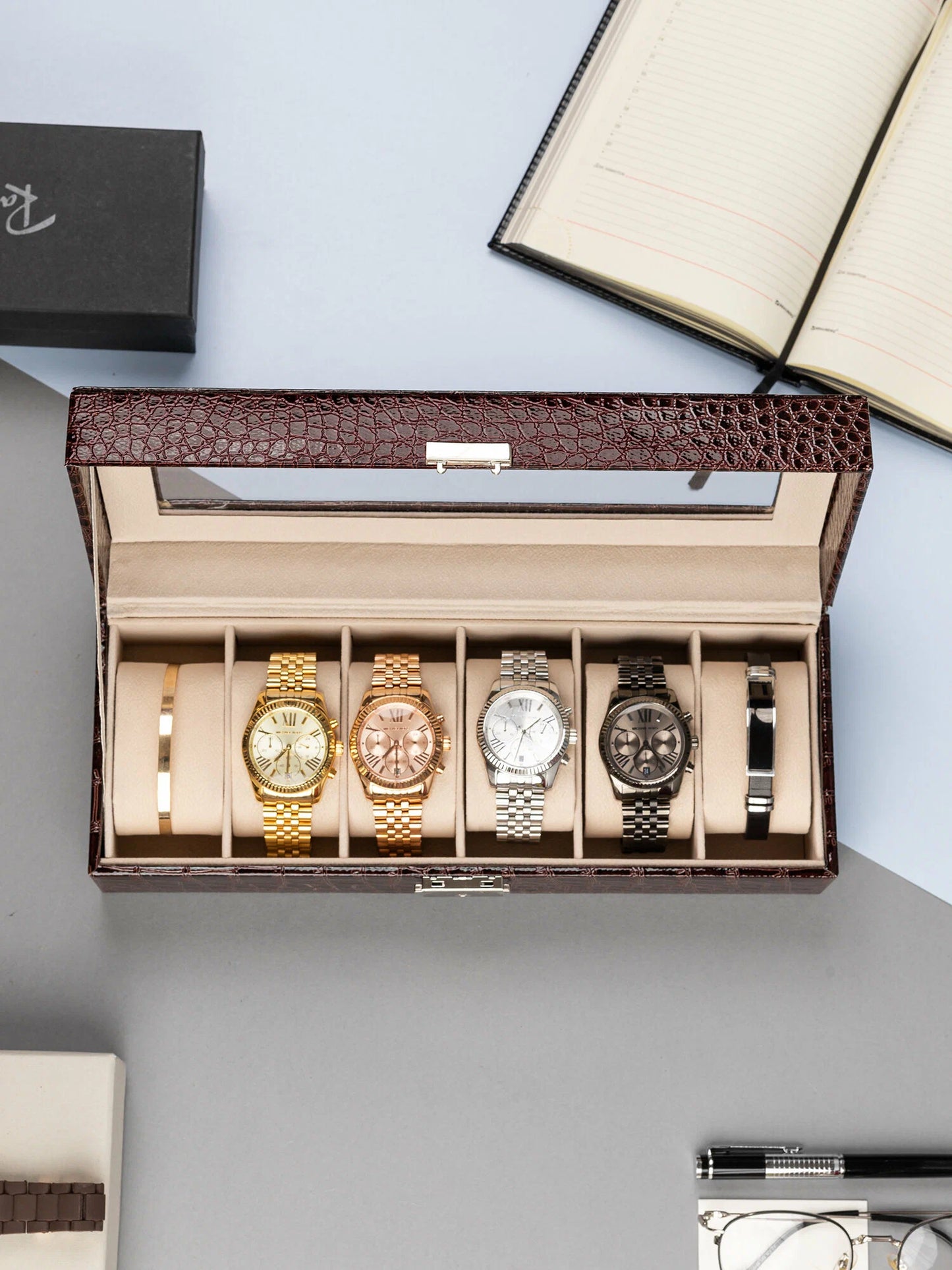 Boîte à Montres Luxe en Cuir Crocodile Marron - 6 Emplacements au Maroc