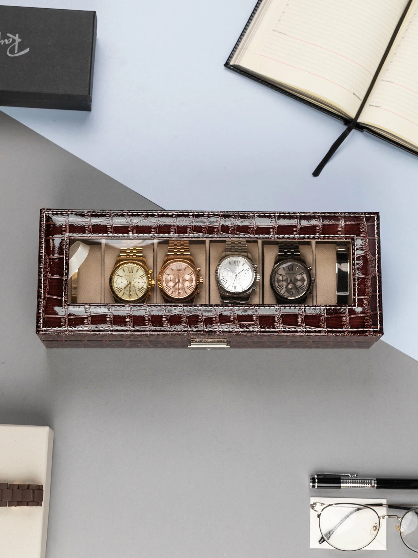 Boîte à Montres Luxe en Cuir Crocodile Marron - 6 Emplacements au Maroc