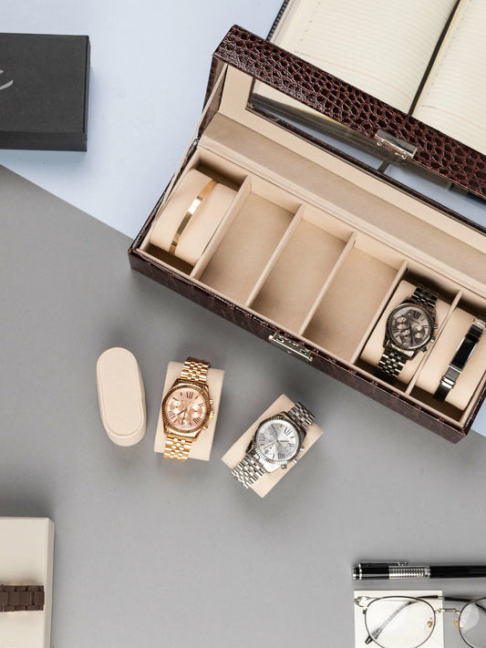 Boîte à Montres Luxe en Cuir Crocodile Marron - 6 Emplacements au Maroc