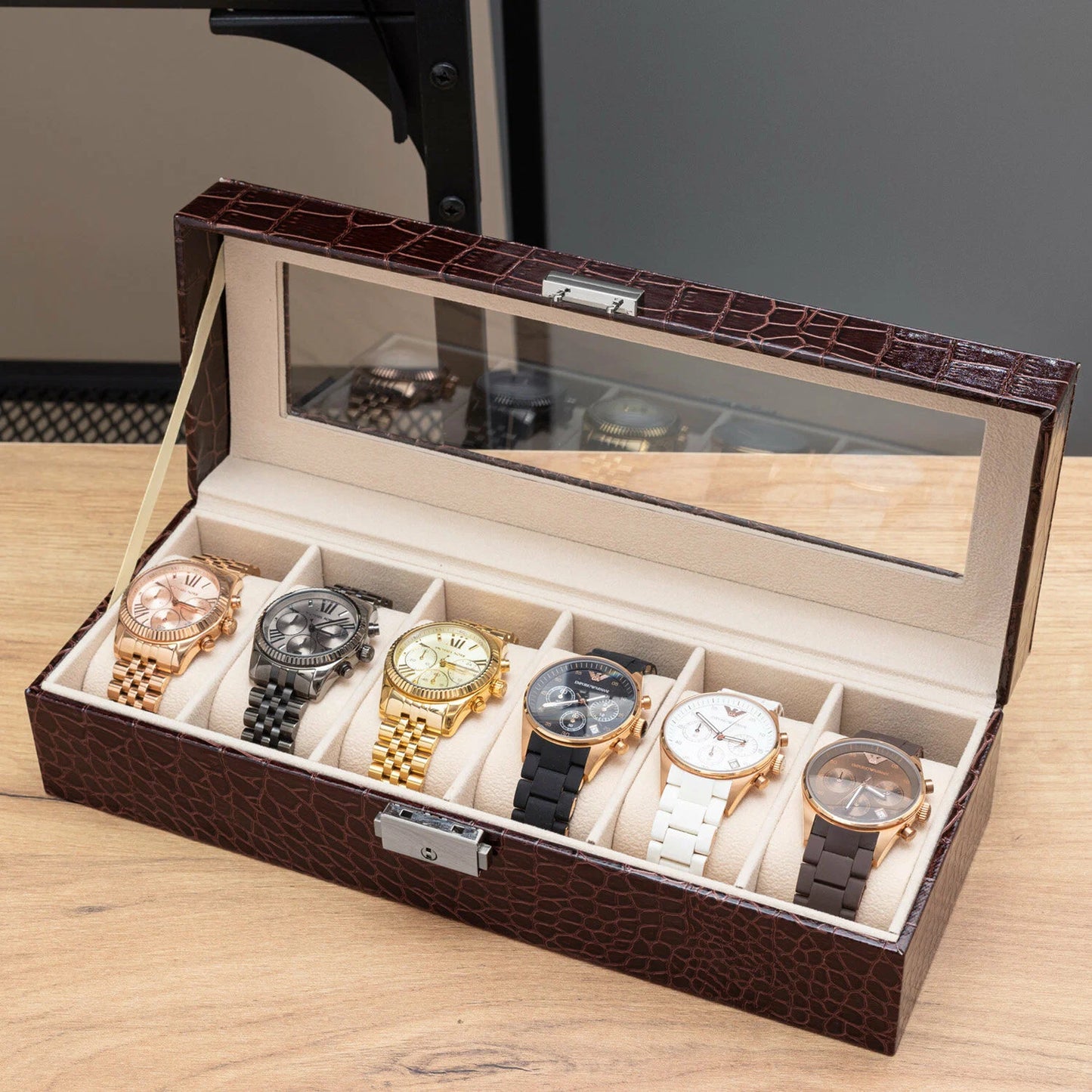 Boîte à Montres Luxe en Cuir Crocodile Marron - 6 Emplacements au Maroc