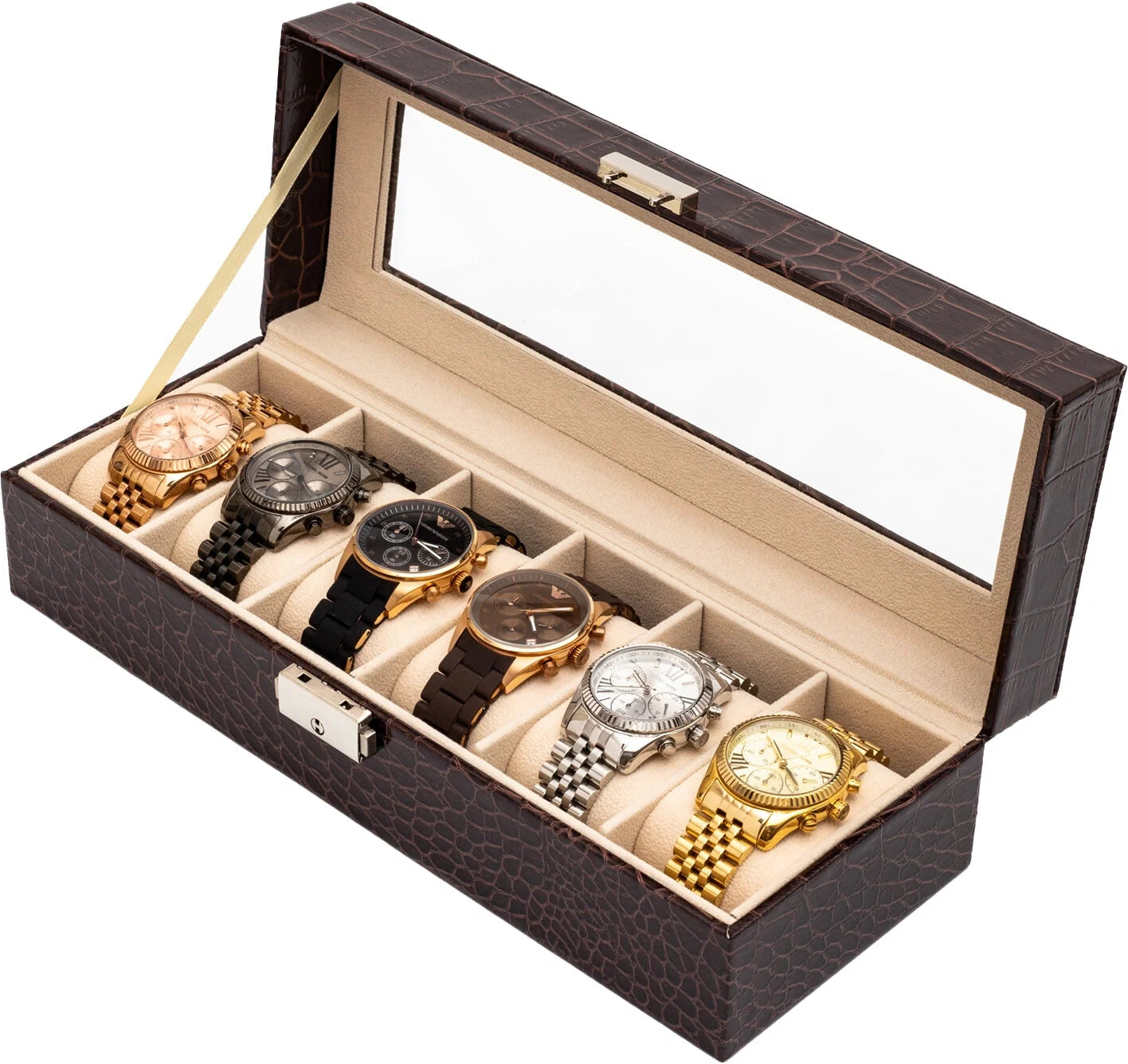 Boîte à Montres Luxe en Cuir Crocodile Marron - 6 Emplacements au Maroc