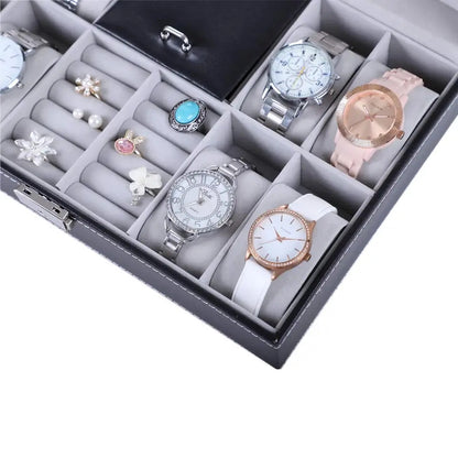 Boîte à Bijoux en Cuir pour Montres avec Serrure et Miroir