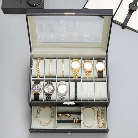 Coffret Montres et Bijoux en Cuir Noir - Luxe et Praticité pour Tous au Maroc