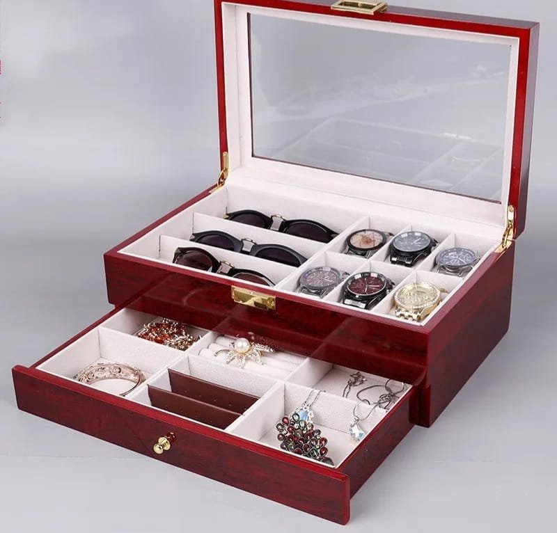 Boîte de rangement en bois à 2 niveaux pour montres lunettes et bijoux