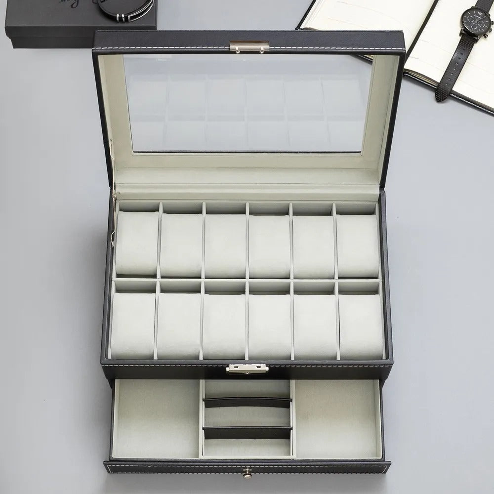 Coffret Montres et Bijoux en Cuir Noir - Luxe et Praticité pour Tous au Maroc