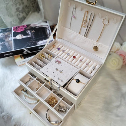 Boîte à bijoux en cuir avec tiroirs - Grand organisateur élégant pour femme