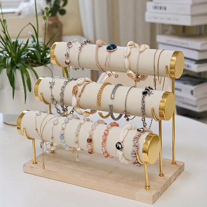 Porte Bijoux pour Bracelets et Montres à 3 Niveaux avec Plateau en Bois