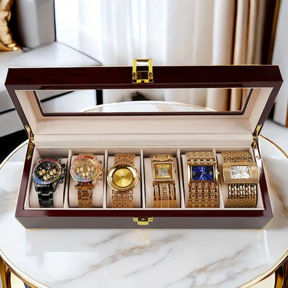 Coffret élégant en bois avec couvercle en verre pour montres et lunettes