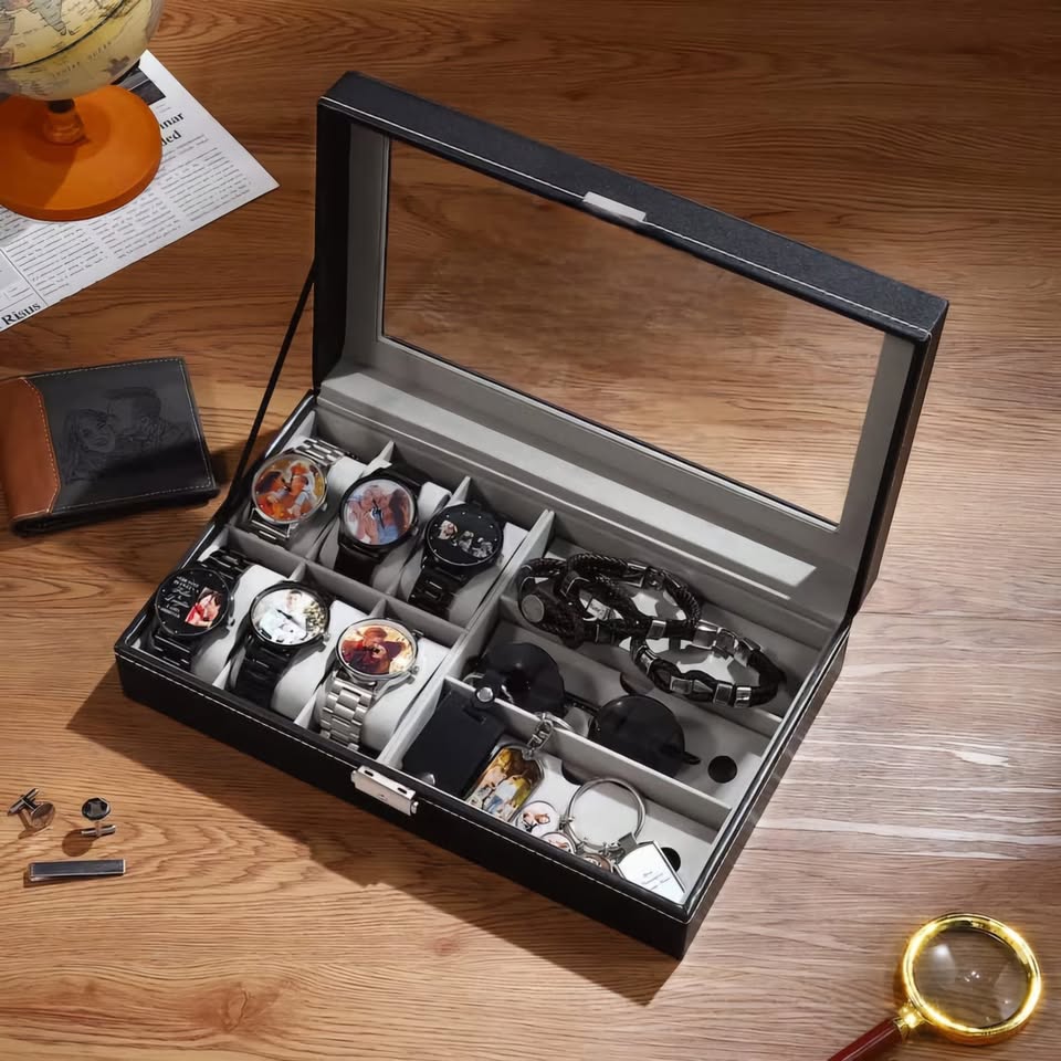 Coffret Montres et Lunettes en Cuir Noir - Luxe et Rangement au Maroc
