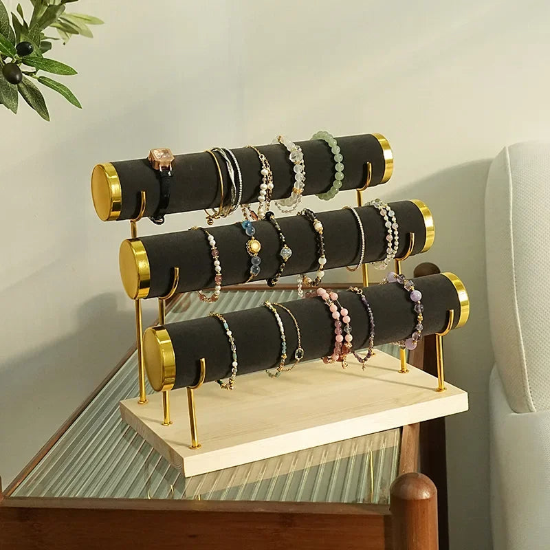 Porte Bijoux pour Bracelets et Montres à 3 Niveaux avec Plateau en Bois