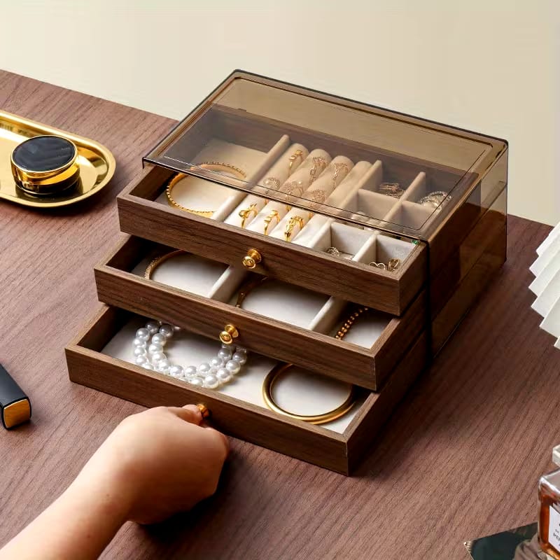 Coffret à Bijoux en Noyer – Rangement Luxe 3 Niveaux