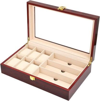 Coffret élégant en bois avec couvercle en verre pour montres et lunettes