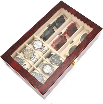 Coffret élégant en bois avec couvercle en verre pour montres et lunettes