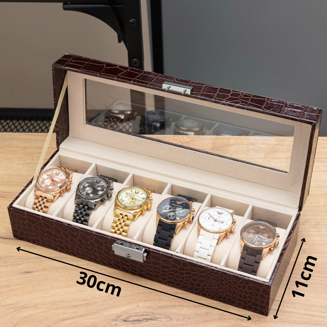 Boîte à Montres Luxe en Cuir Crocodile Marron - 6 Emplacements au Maroc