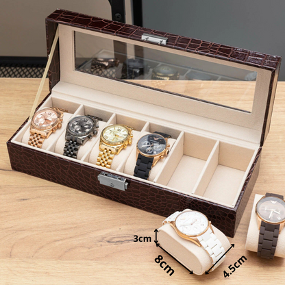 Boîte à Montres Luxe en Cuir Crocodile Marron - 6 Emplacements au Maroc