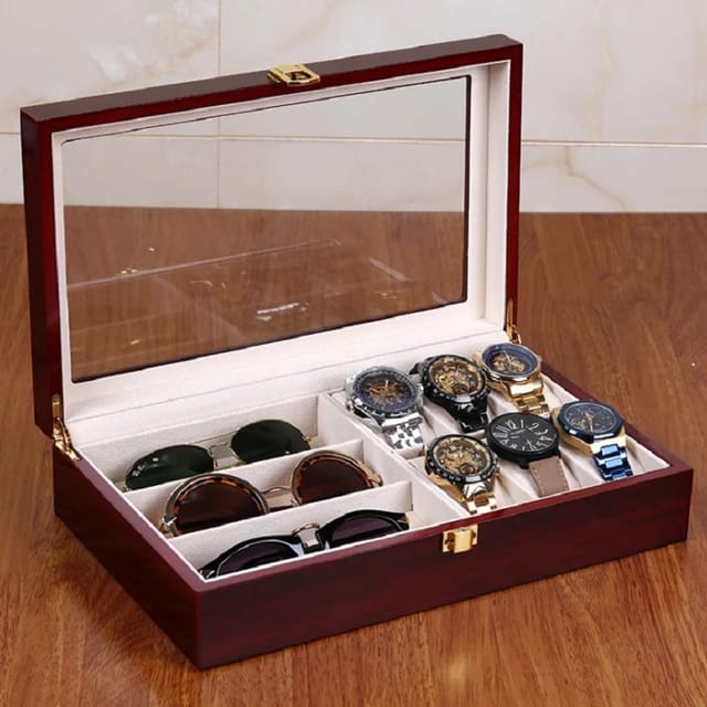 Coffret élégant en bois avec couvercle en verre pour montres et lunettes