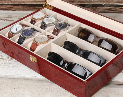 Coffret élégant en bois avec couvercle en verre pour montres et lunettes