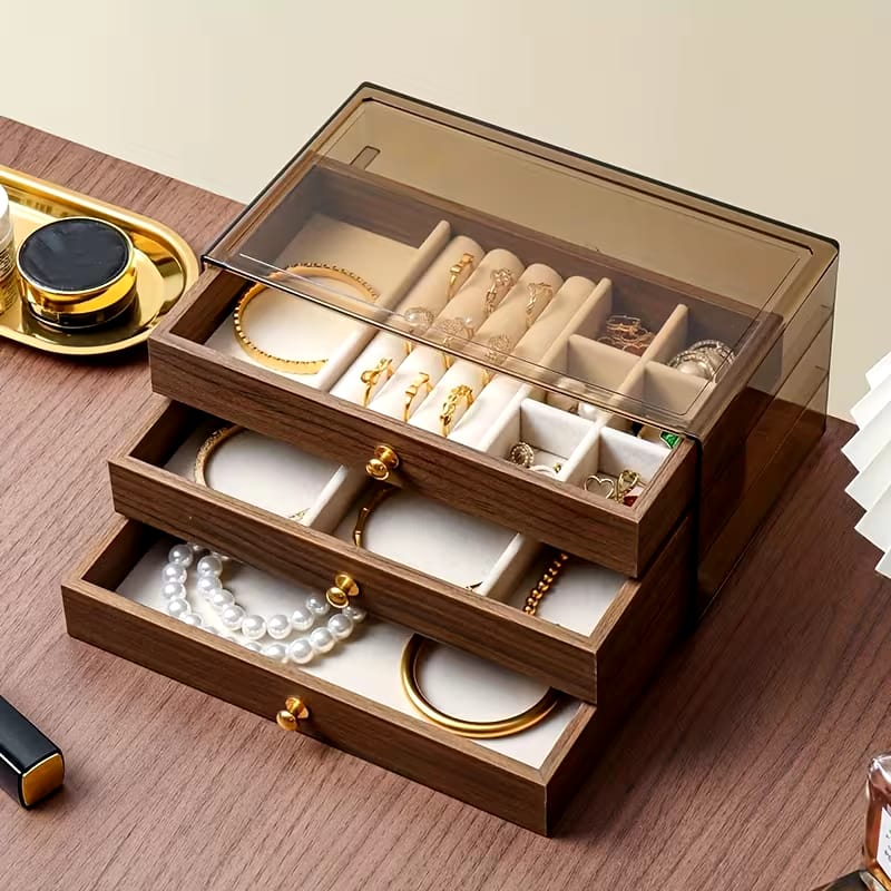 Coffret à Bijoux en Noyer – Rangement Luxe 3 Niveaux