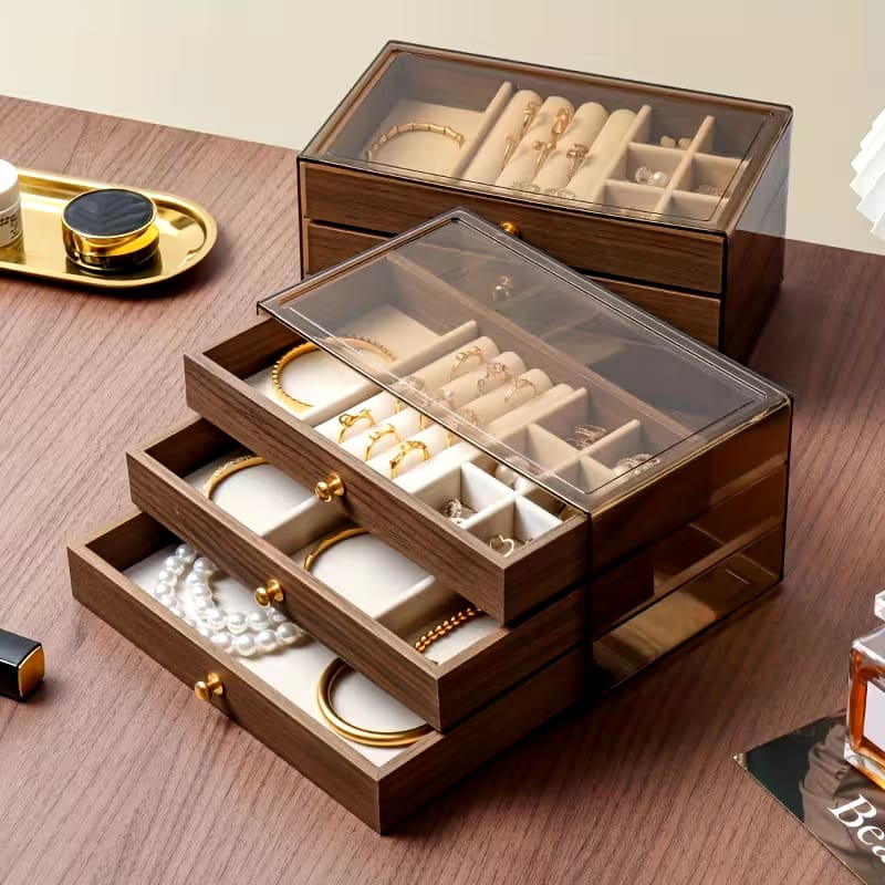 Coffret à Bijoux en Noyer – Rangement Luxe 3 Niveaux