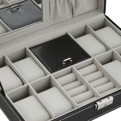 Boîte à Bijoux en Cuir pour Montres avec Serrure et Miroir
