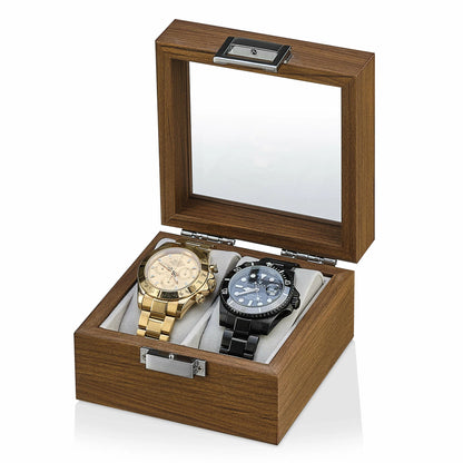 Boîte de rangement en bois pour 2 montres avec couvercle en verre