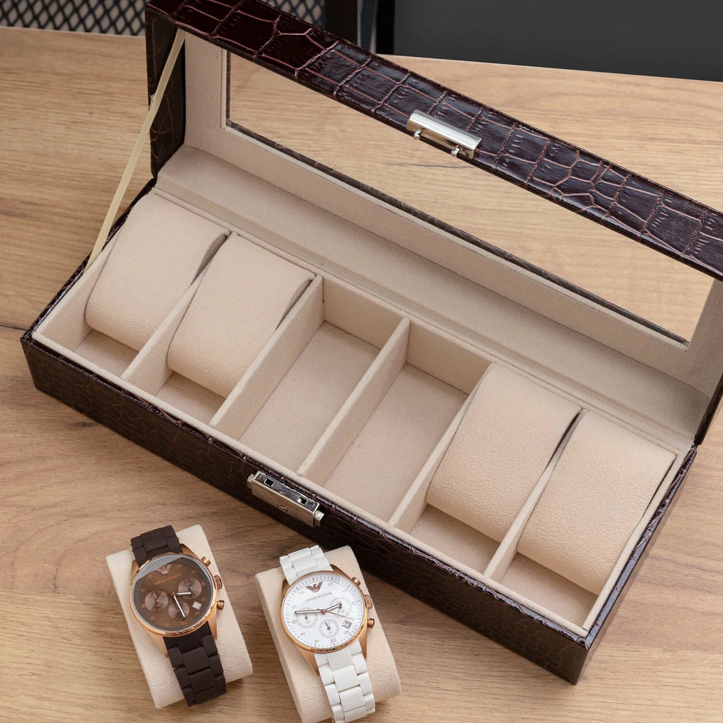 Boîte à Montres Luxe en Cuir Crocodile Marron avec Serrure - 6 Emplacements au Maroc