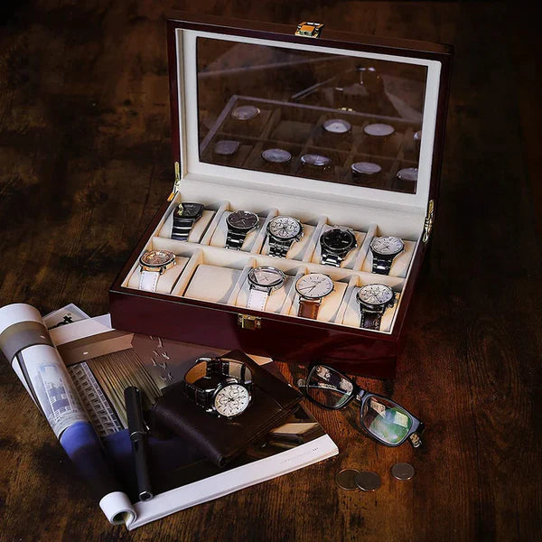 Coffret élégant en bois avec couvercle en verre pour montres et lunettes
