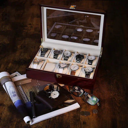 Coffret élégant en bois avec couvercle en verre pour montres et lunettes