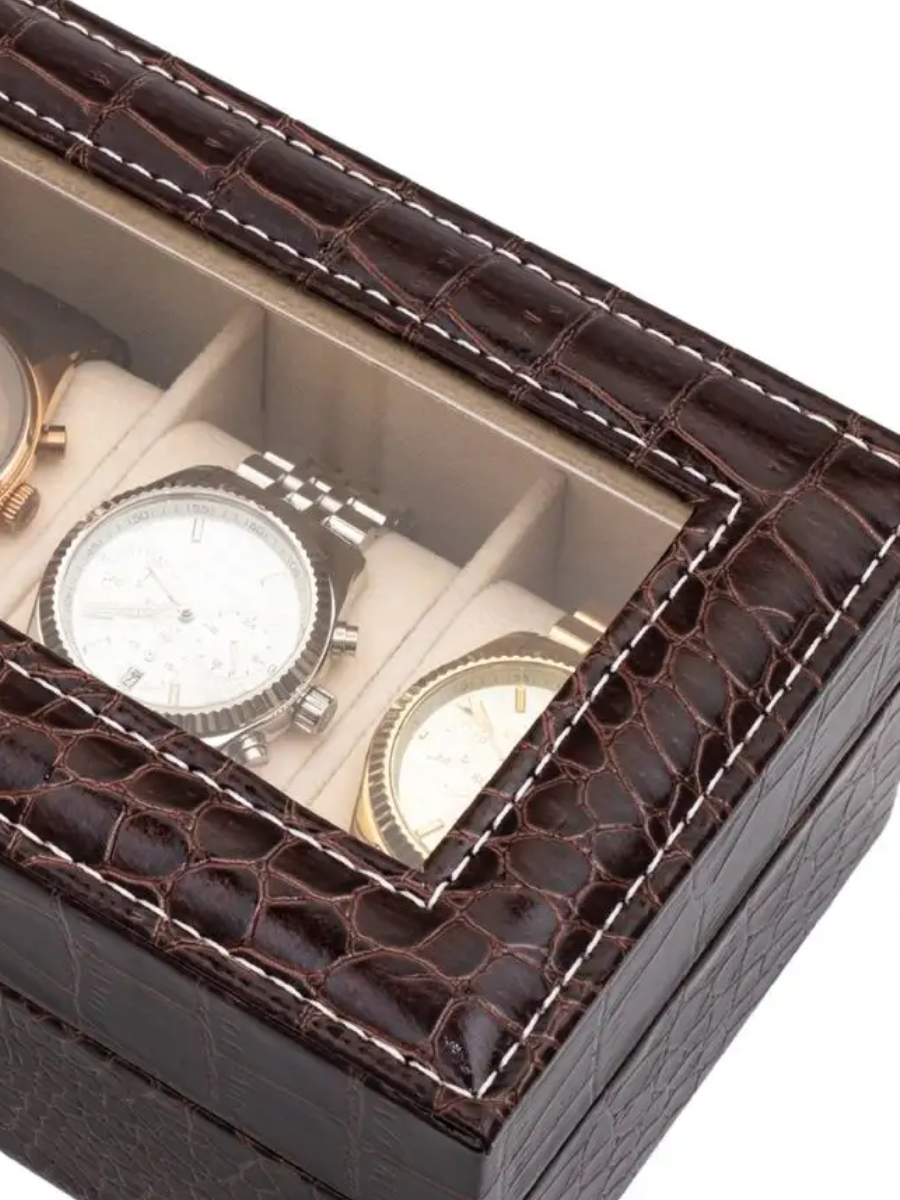 Boîte à Montres en Crocodile Marron - 6 Emplacements
